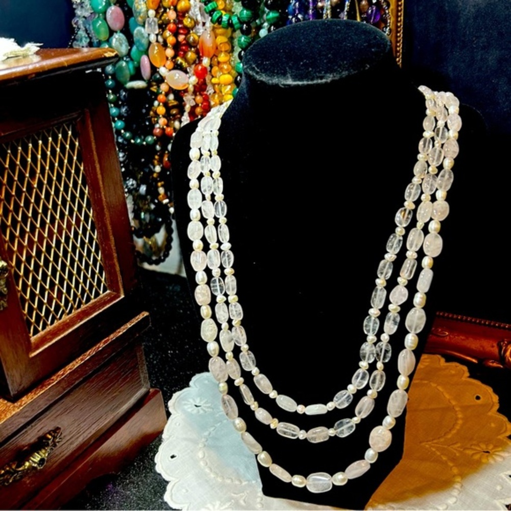 3 Strand Rose Quartz & Freshwater Pearl Necklace